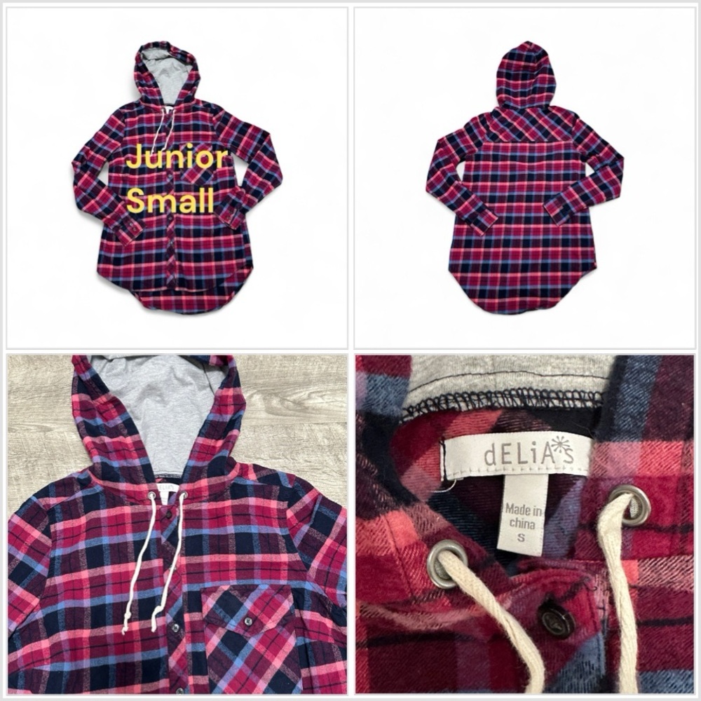 Junior’s dELiA Small 3 - 5 Hoodie Flannel Shirt Hooded Plaid Purple Pink Button